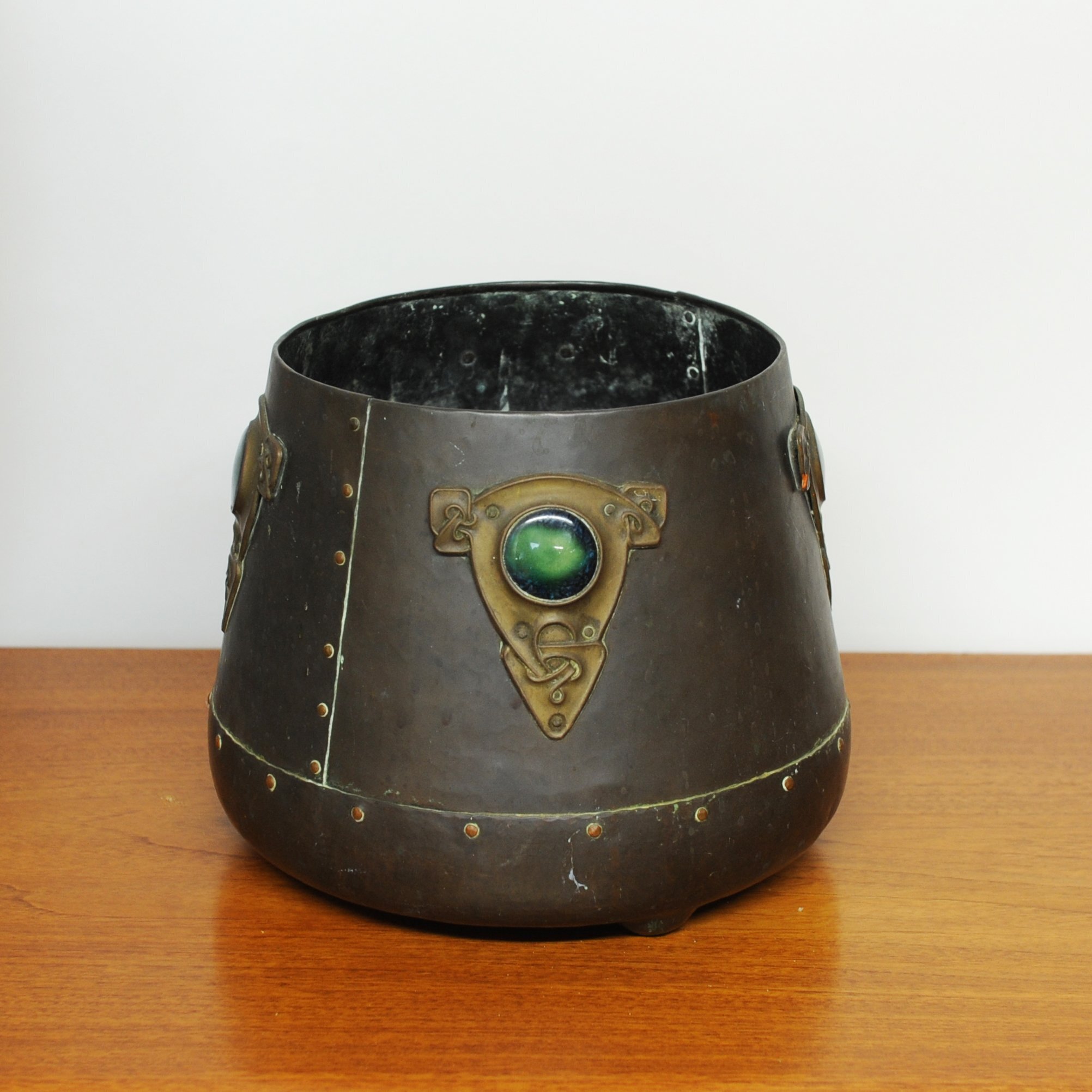 Art Nouveau Metal Cylindrical Plant Pot With Ornate Details & Enamel, 1910