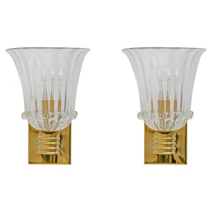 Attributed to Barovier & Toso Brass and Pulegoso Murano Glass Sconces, Pair