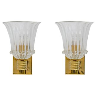 Attributed to Barovier & Toso Brass and Pulegoso Murano Glass Sconces, Pair