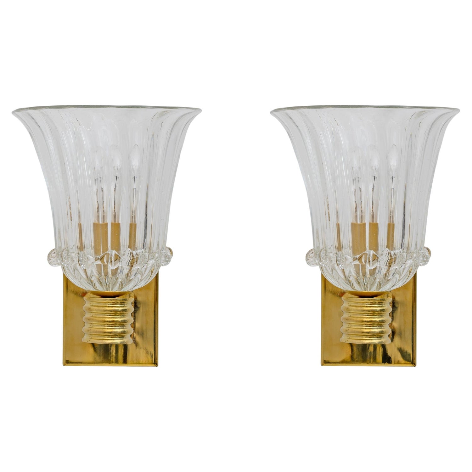 Attributed to Barovier & Toso Brass and Pulegoso Murano Glass Sconces, Pair