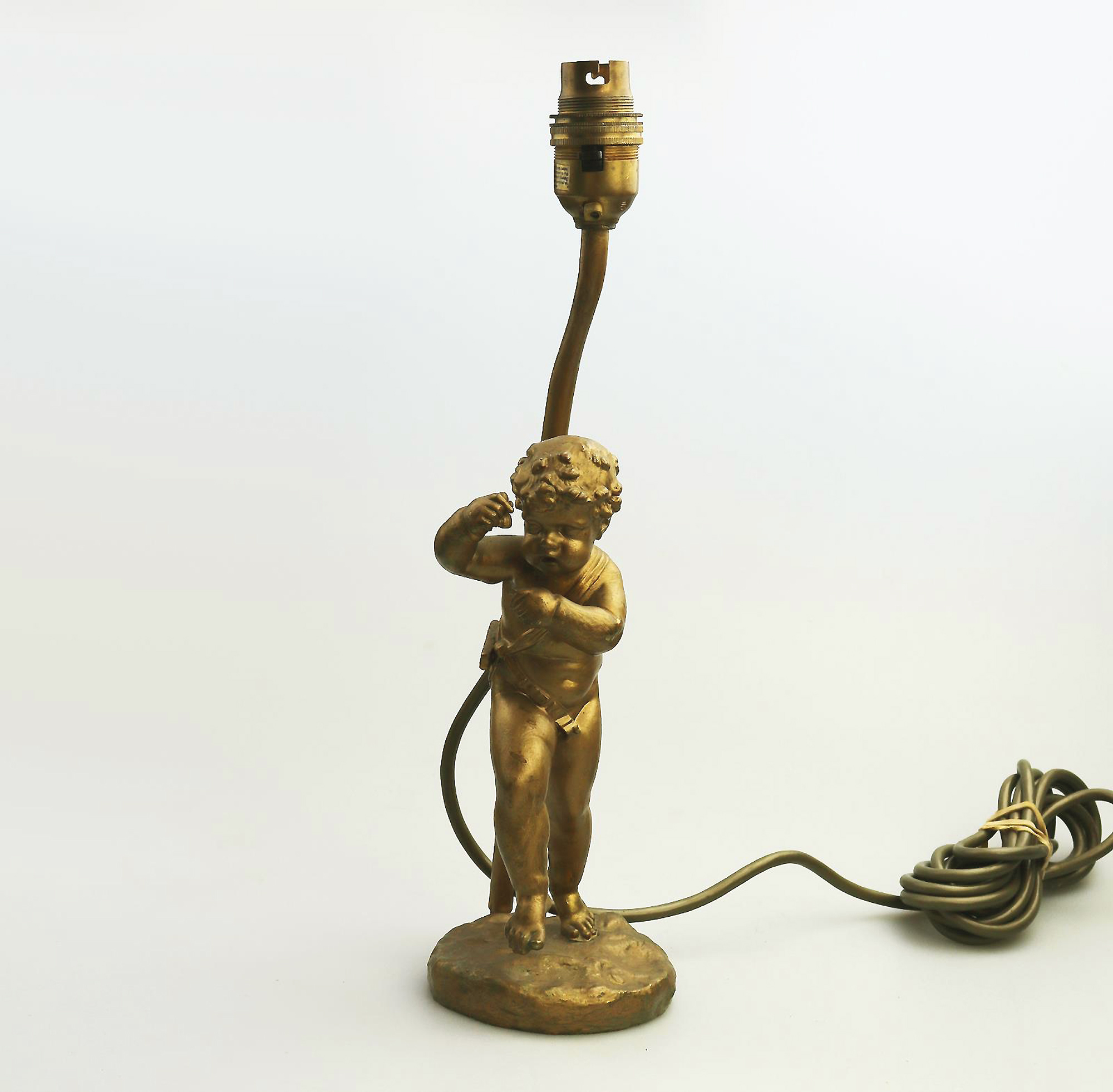 Antique Lighting a good gilded brass Dancing Cherub Table Lamp C.20thC