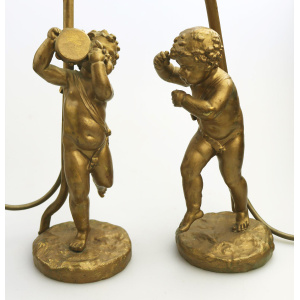 Antique Lighting a good gilded brass Dancing Cherub Table Lamp 2 C.20thC
