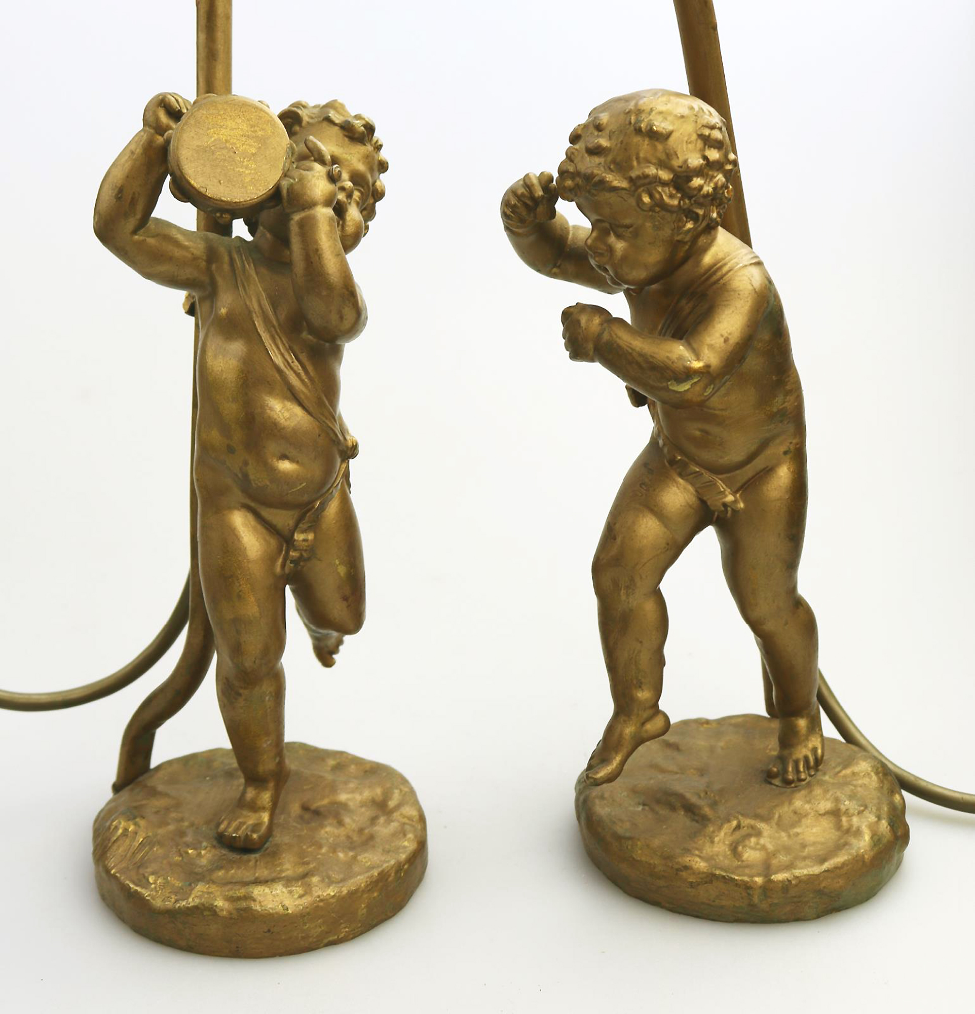 Antique Lighting a good gilded brass Dancing Cherub Table Lamp 2 C.20thC