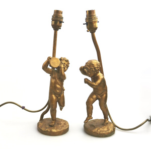 Antique Lighting a good gilded brass Dancing Cherub Table Lamp 2 C.20thC