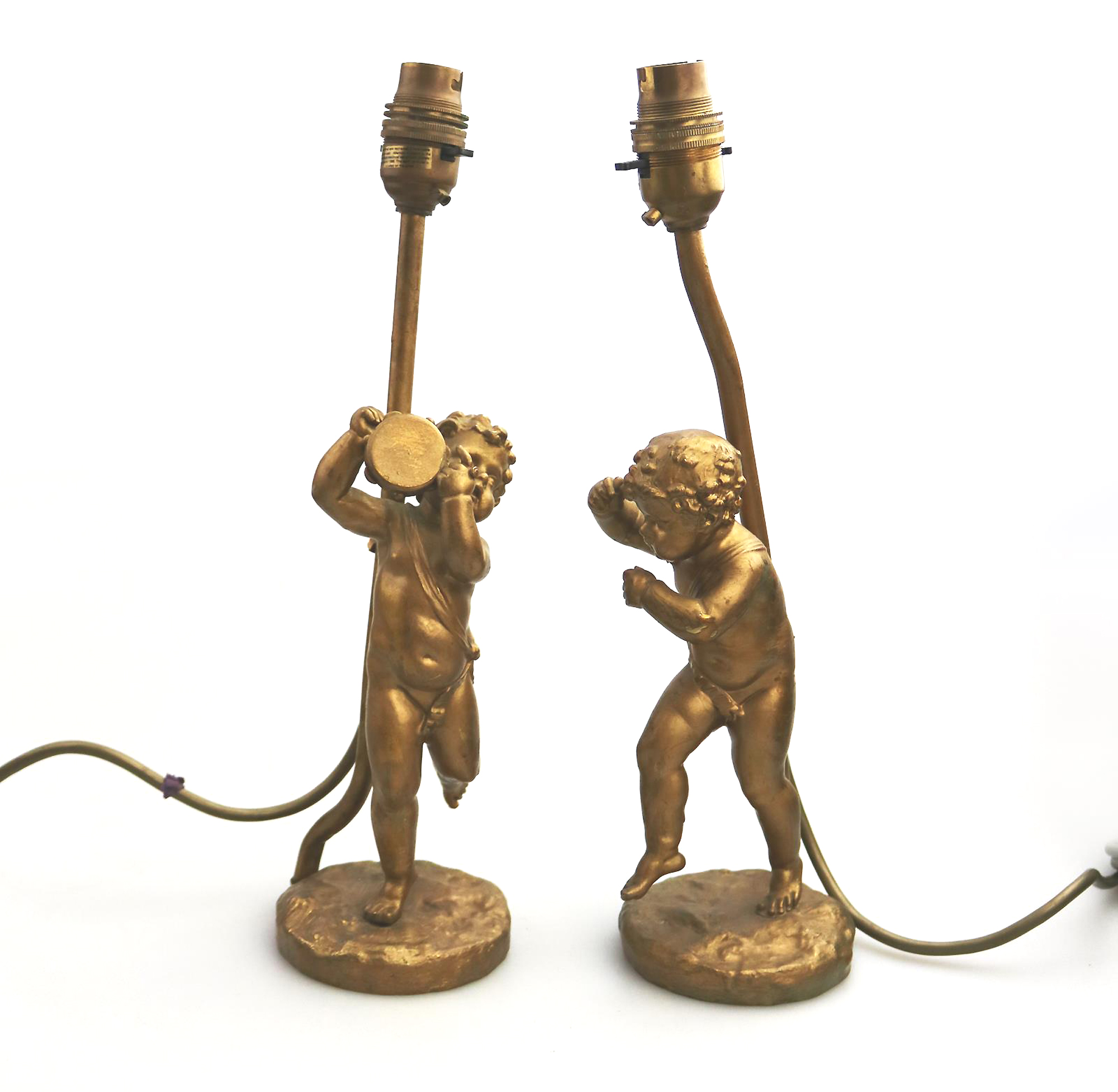 Antique Lighting a good gilded brass Dancing Cherub Table Lamp 2 C.20thC