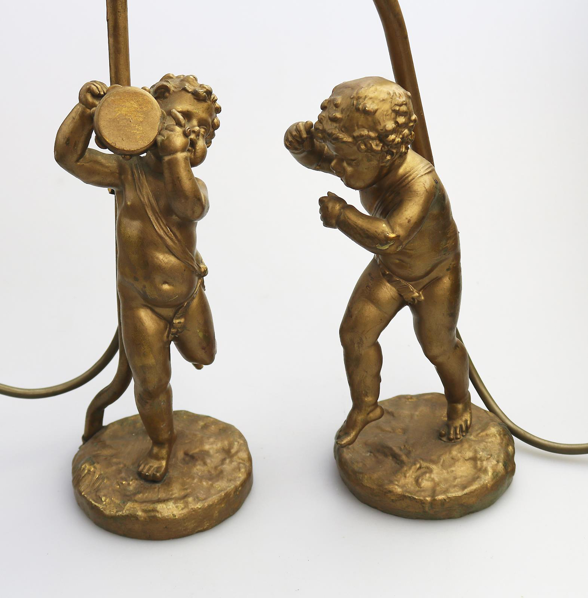Antique Lighting a good gilded brass Dancing Cherub Table Lamp 2 C.20thC