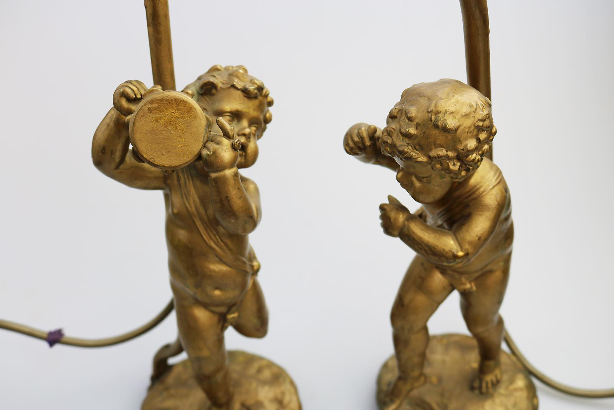Antique Lighting a good gilded brass Dancing Cherub Table Lamp 2 C.20thC