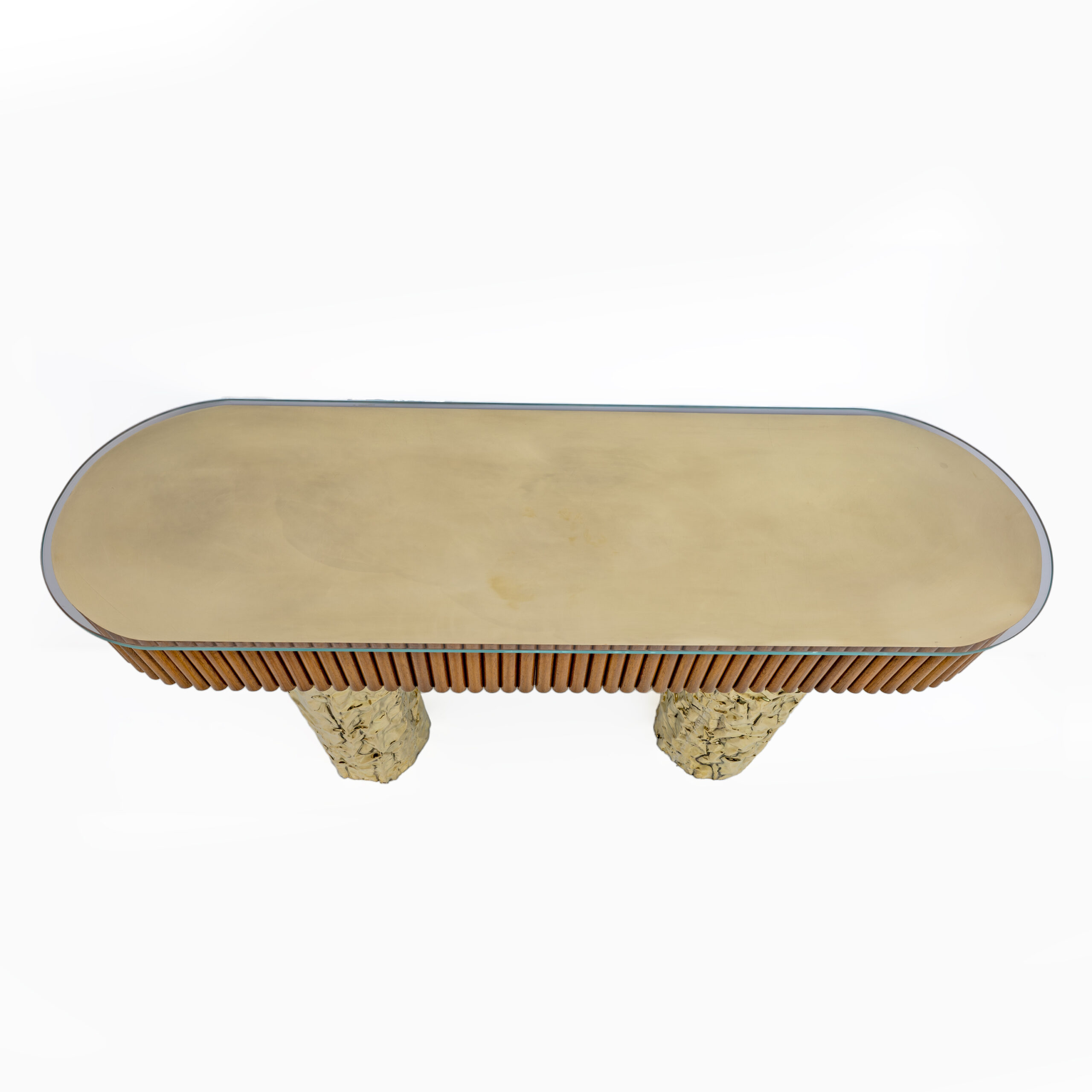 Mid-Century Style Wood and Brass Center Console, Italy, 1990s