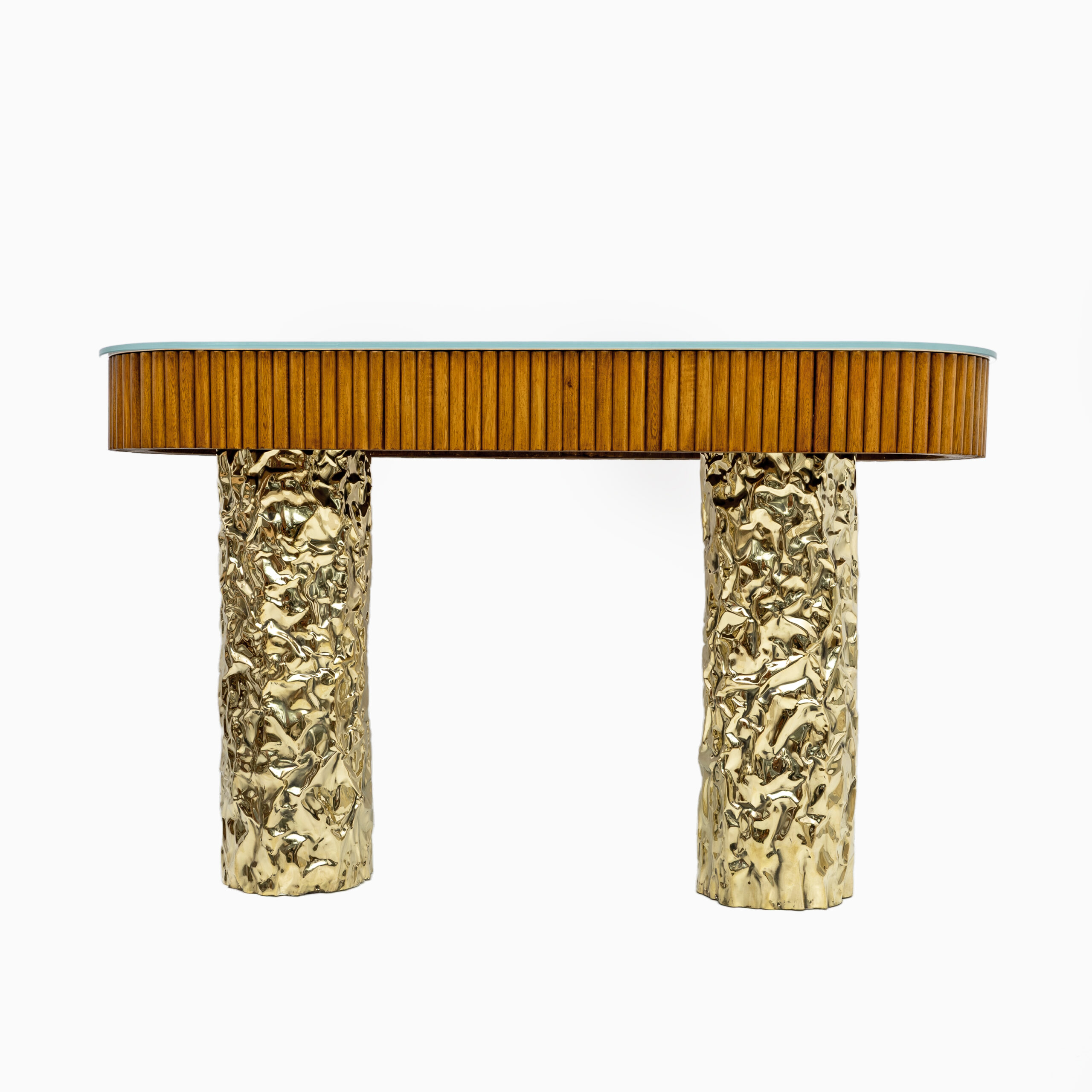 Mid-Century Style Wood and Brass Center Console, Italy, 1990s