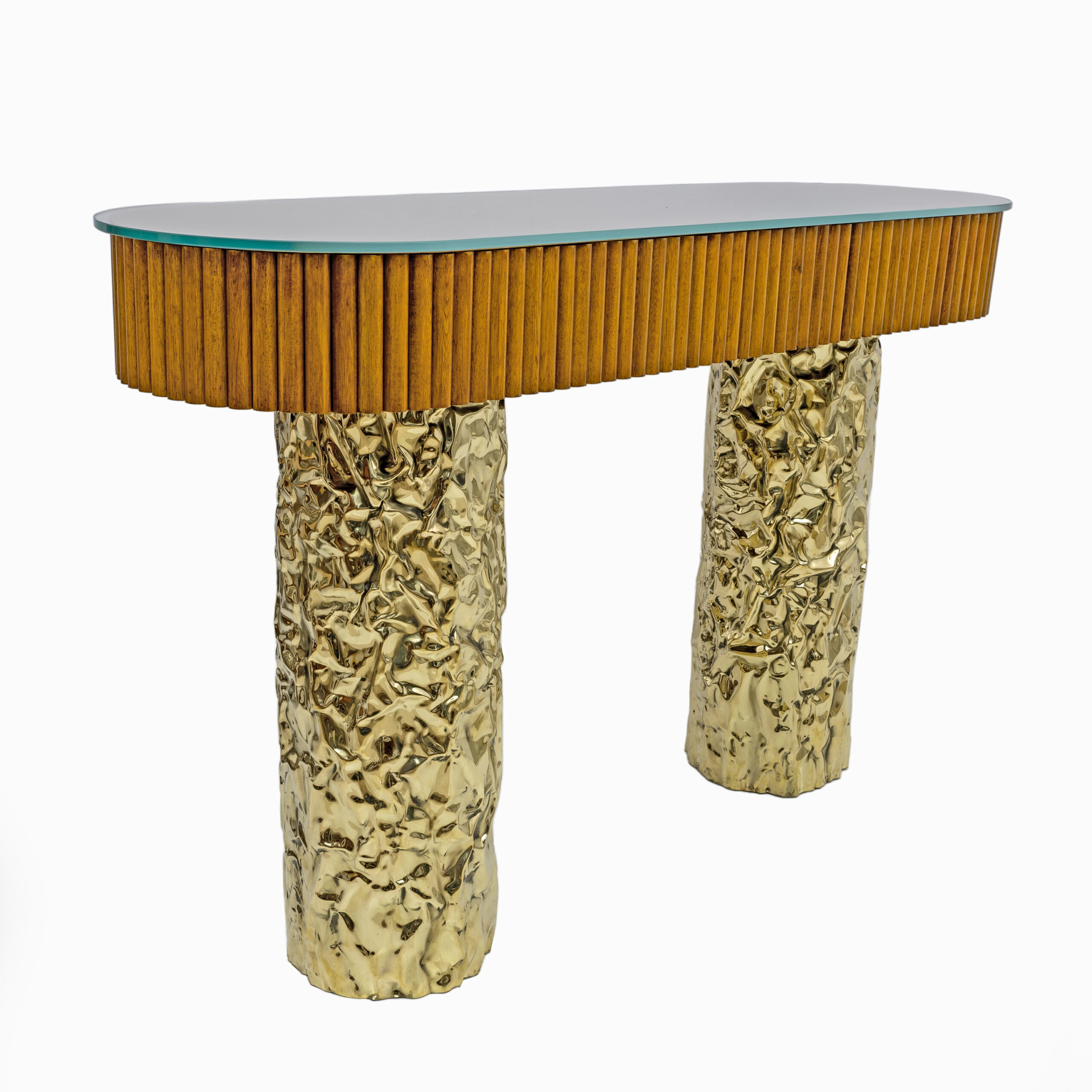 Mid-Century Style Wood and Brass Center Console, Italy, 1990s