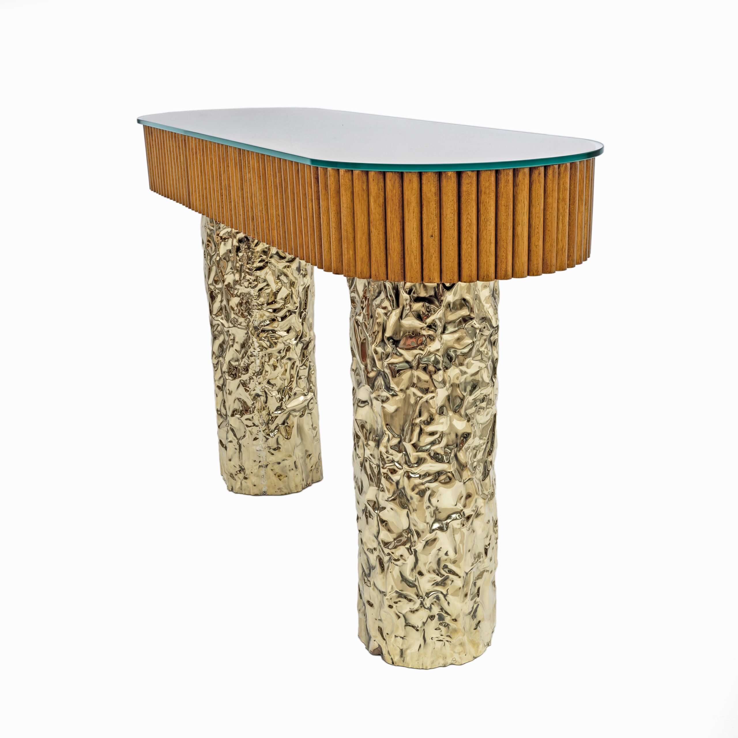 Mid-Century Style Wood and Brass Center Console, Italy, 1990s
