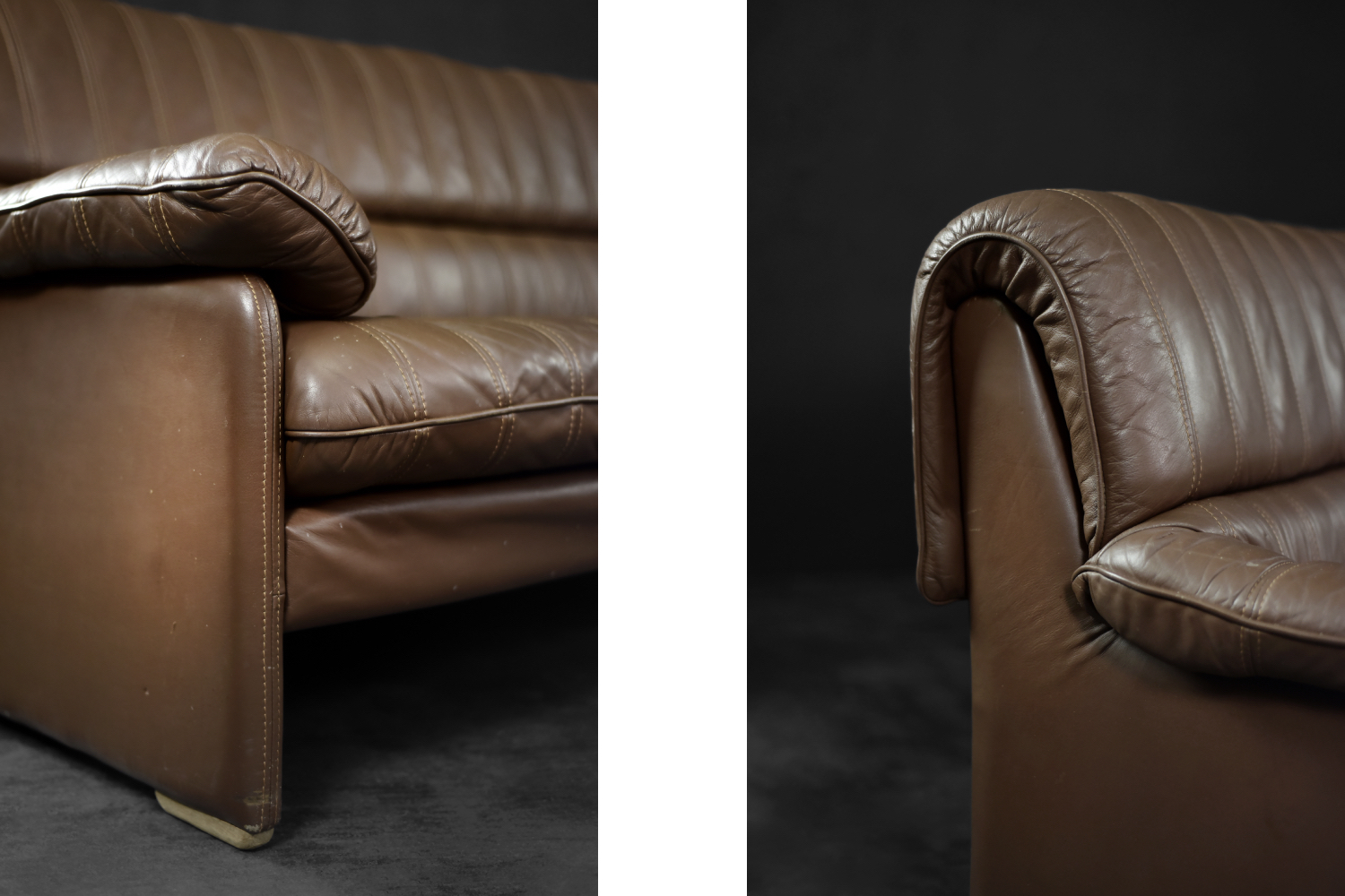 Vintage Brutalist Mid-Century German Modern Brown Leather 4-Seater Sofa, 1970s