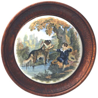 An antique framed English Prattware pottery Pot Lid Good Dog C.19thC