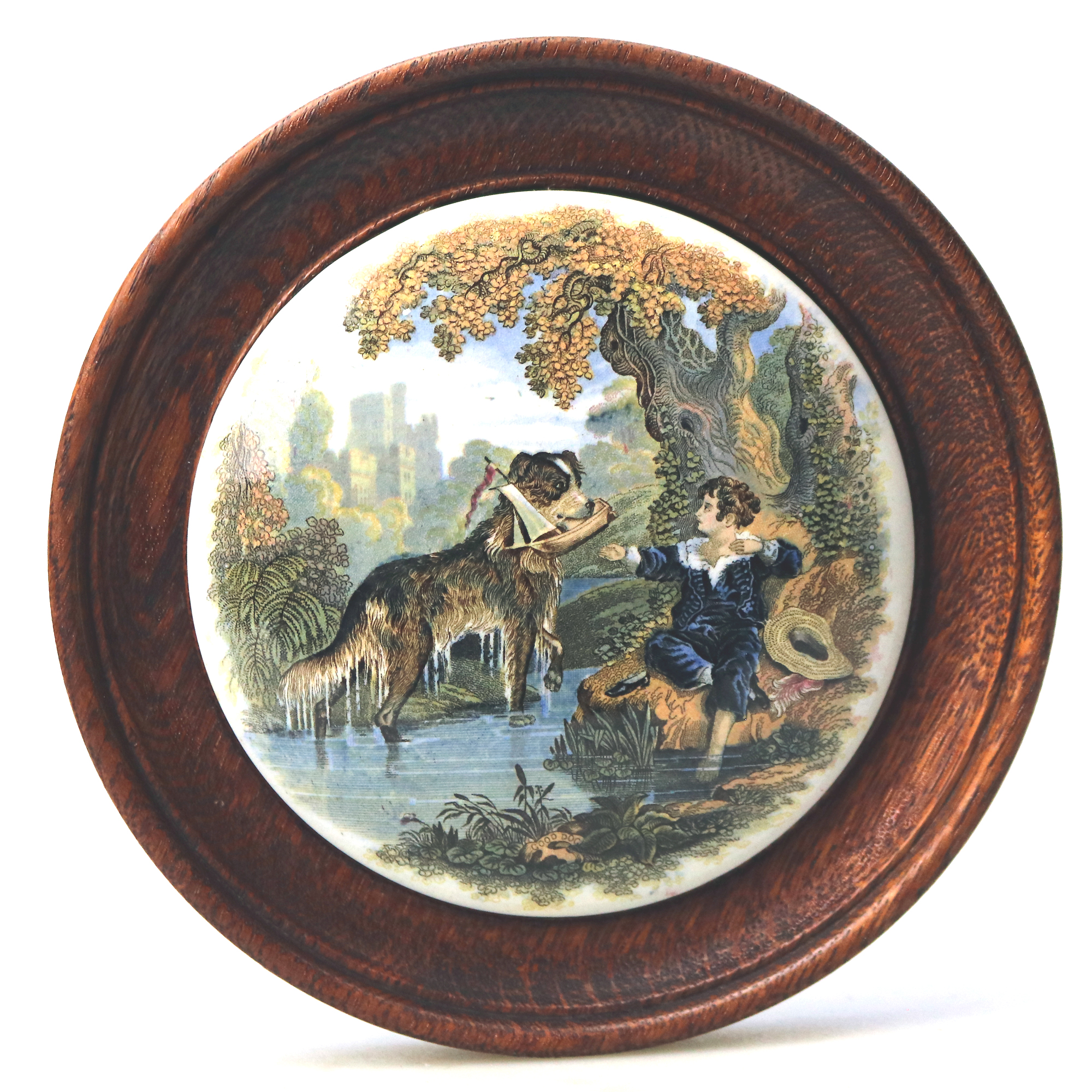 An antique framed English Prattware pottery Pot Lid Good Dog C.19thC