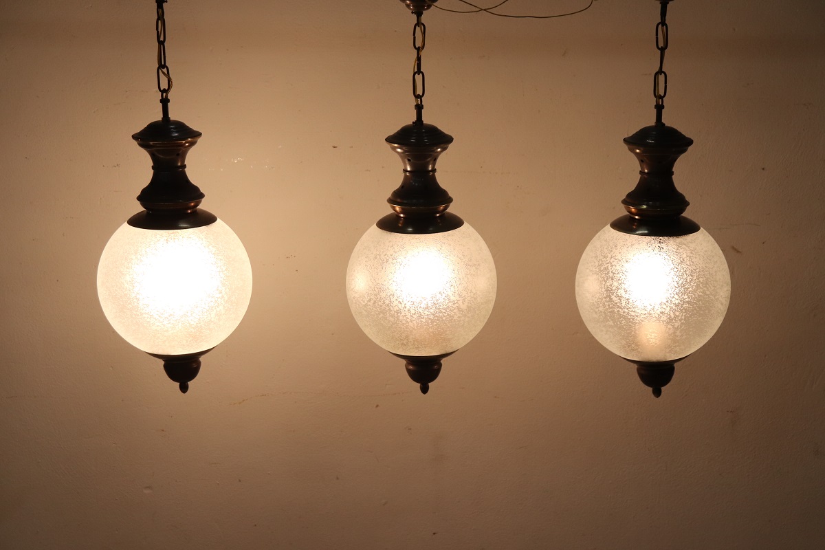 Pendant Lamps In Brass And Glass, 1960s, Set Of 3