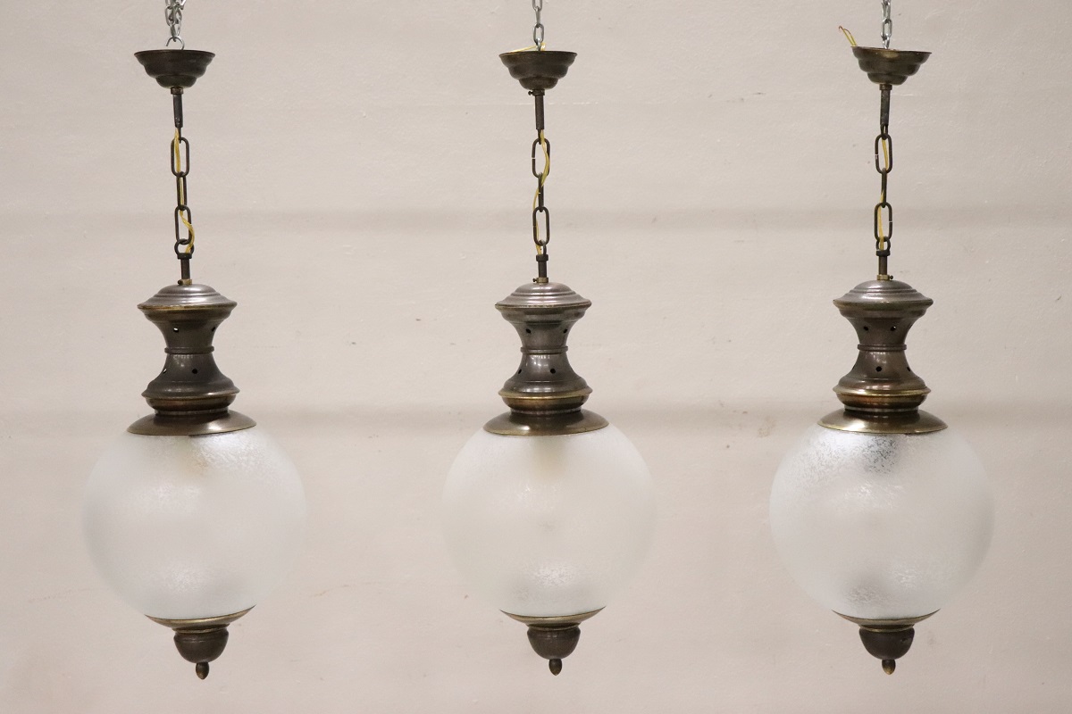 Pendant Lamps In Brass And Glass, 1960s, Set Of 3