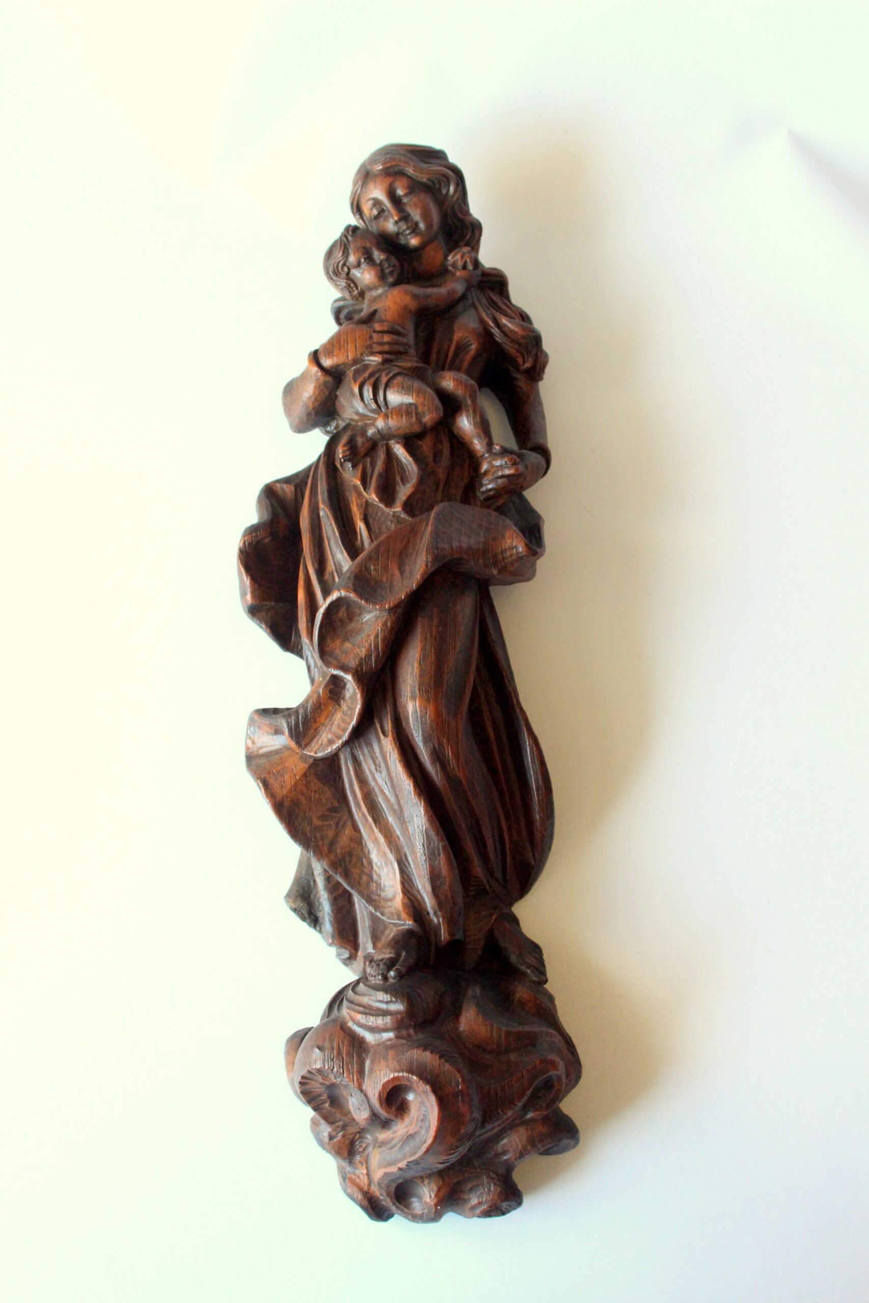 Hand Carved mother of god with child - wooden sculpture from the 1950s