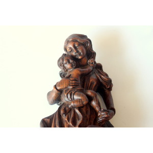 Hand Carved mother of god with child - wooden sculpture from the 1950s
