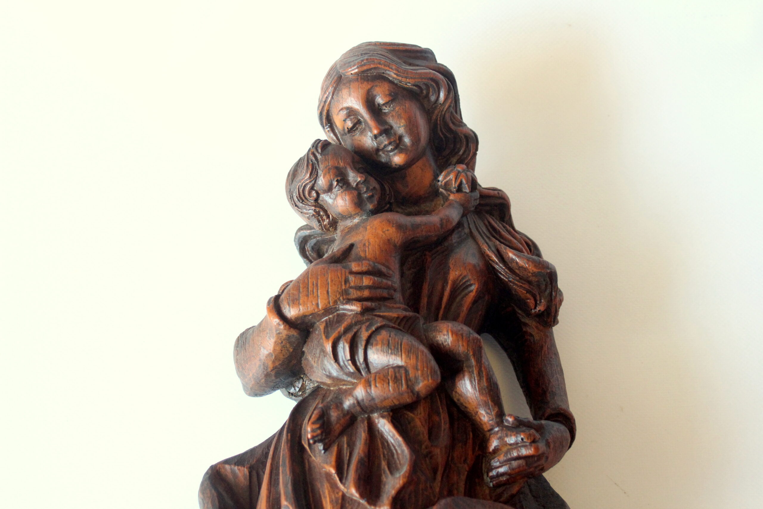 Hand Carved mother of god with child - wooden sculpture from the 1950s