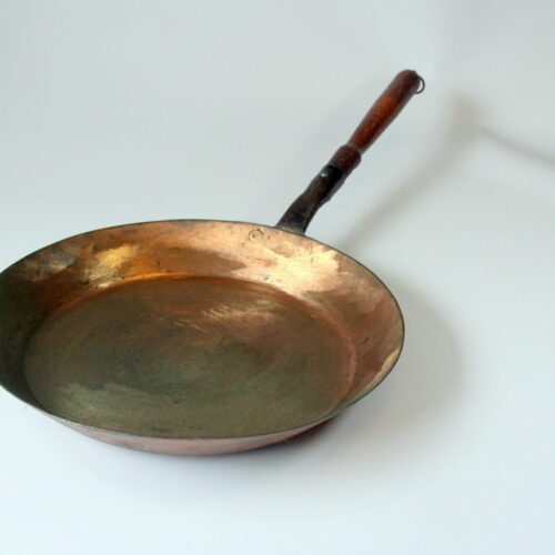 Handmade large frying pan - iron pan copper plated - with wooden handle and hanger - Vintage