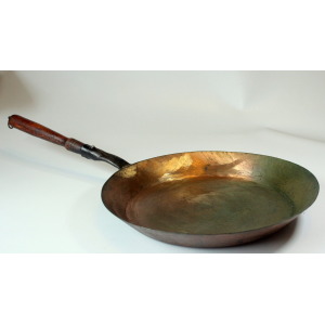 Handmade large frying pan - iron pan copper plated - with wooden handle and hanger - Vintage