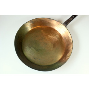 Handmade large frying pan - iron pan copper plated - with wooden handle and hanger - Vintage