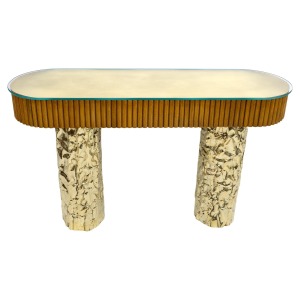 Mid-Century Style Wood and Brass Center Console, Italy, 1990s