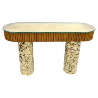 Mid-Century Style Wood and Brass Center Console, Italy, 1990s