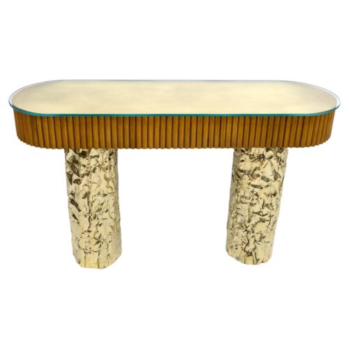 Mid-Century Style Wood and Brass Center Console, Italy, 1990s