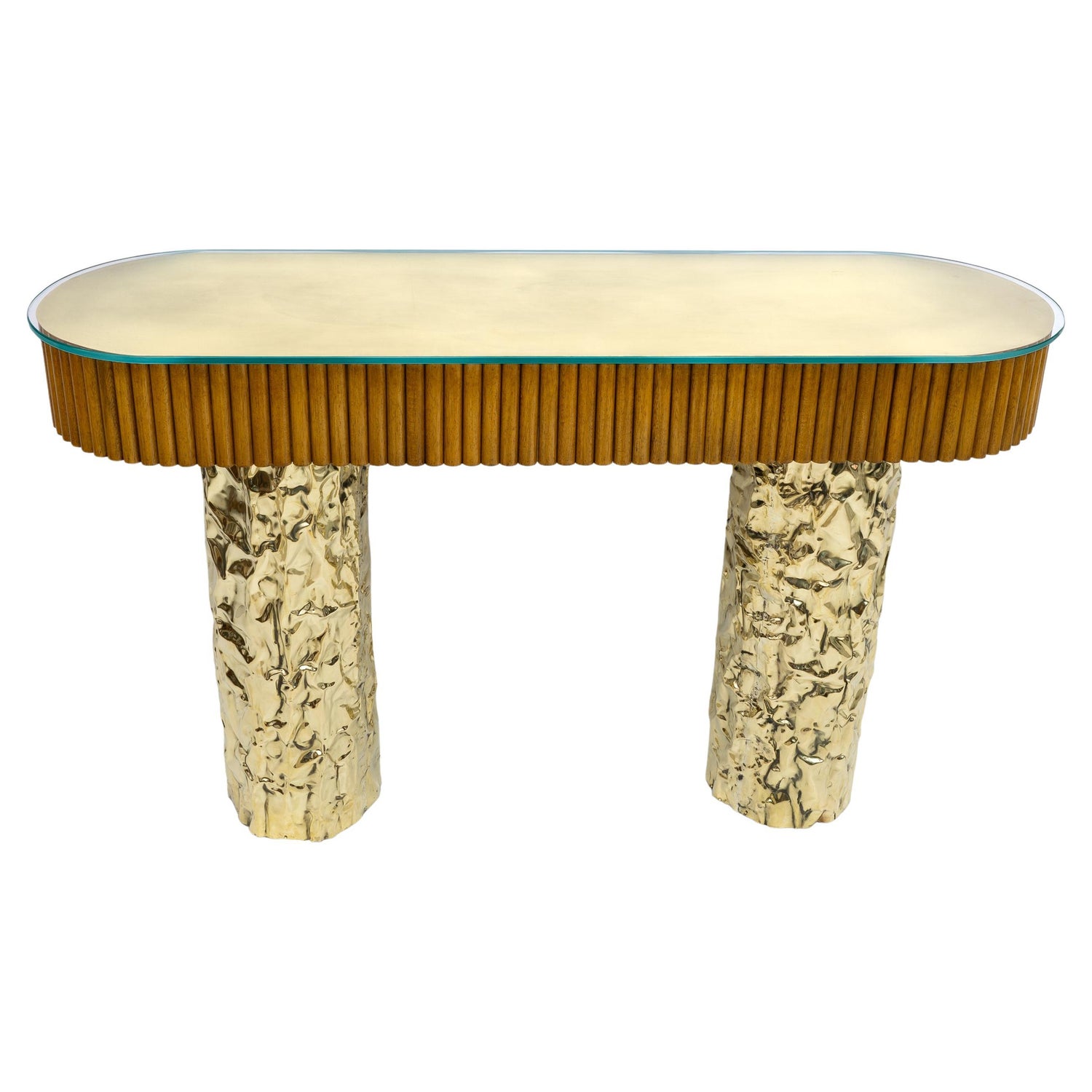 Mid-Century Style Wood and Brass Center Console, Italy, 1990s
