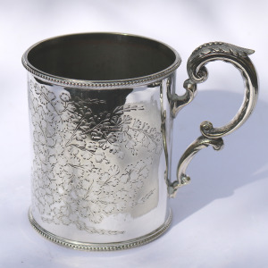A charming antique Victorian silver plate engraved Mug by Martin Hall C.19thC