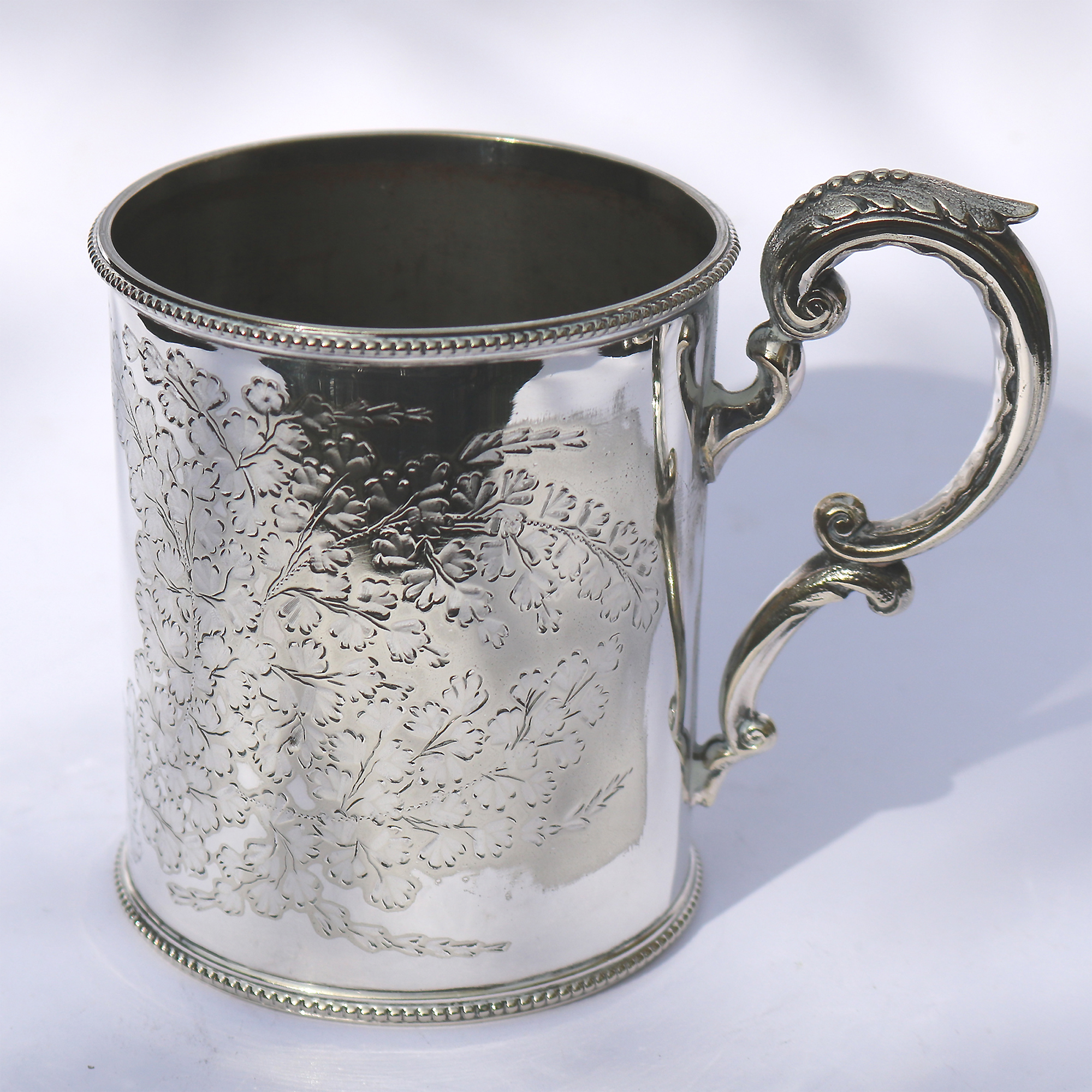 A charming antique Victorian silver plate engraved Mug by Martin Hall C.19thC