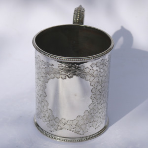 A charming antique Victorian silver plate engraved Mug by Martin Hall C.19thC