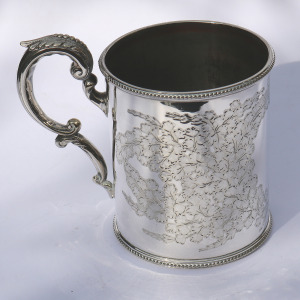 A charming antique Victorian silver plate engraved Mug by Martin Hall C.19thC