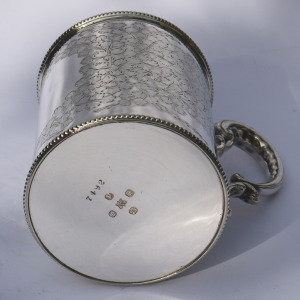 A charming antique Victorian silver plate engraved Mug by Martin Hall C.19thC