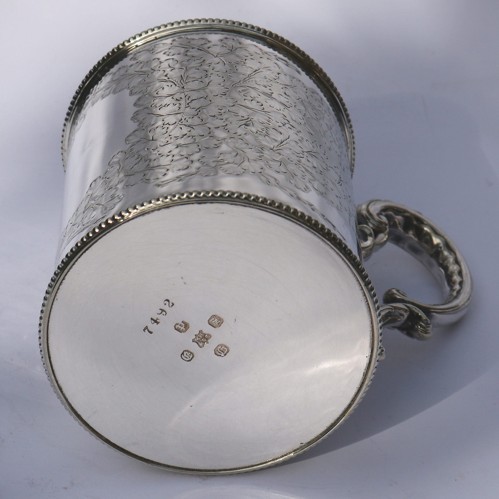 A charming antique Victorian silver plate engraved Mug by Martin Hall C.19thC