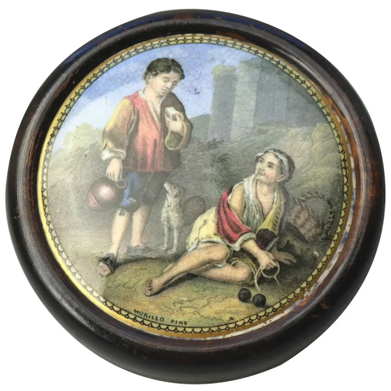 An antique framed English Prattware pottery Pot Lid Peasant Boys C.19thC