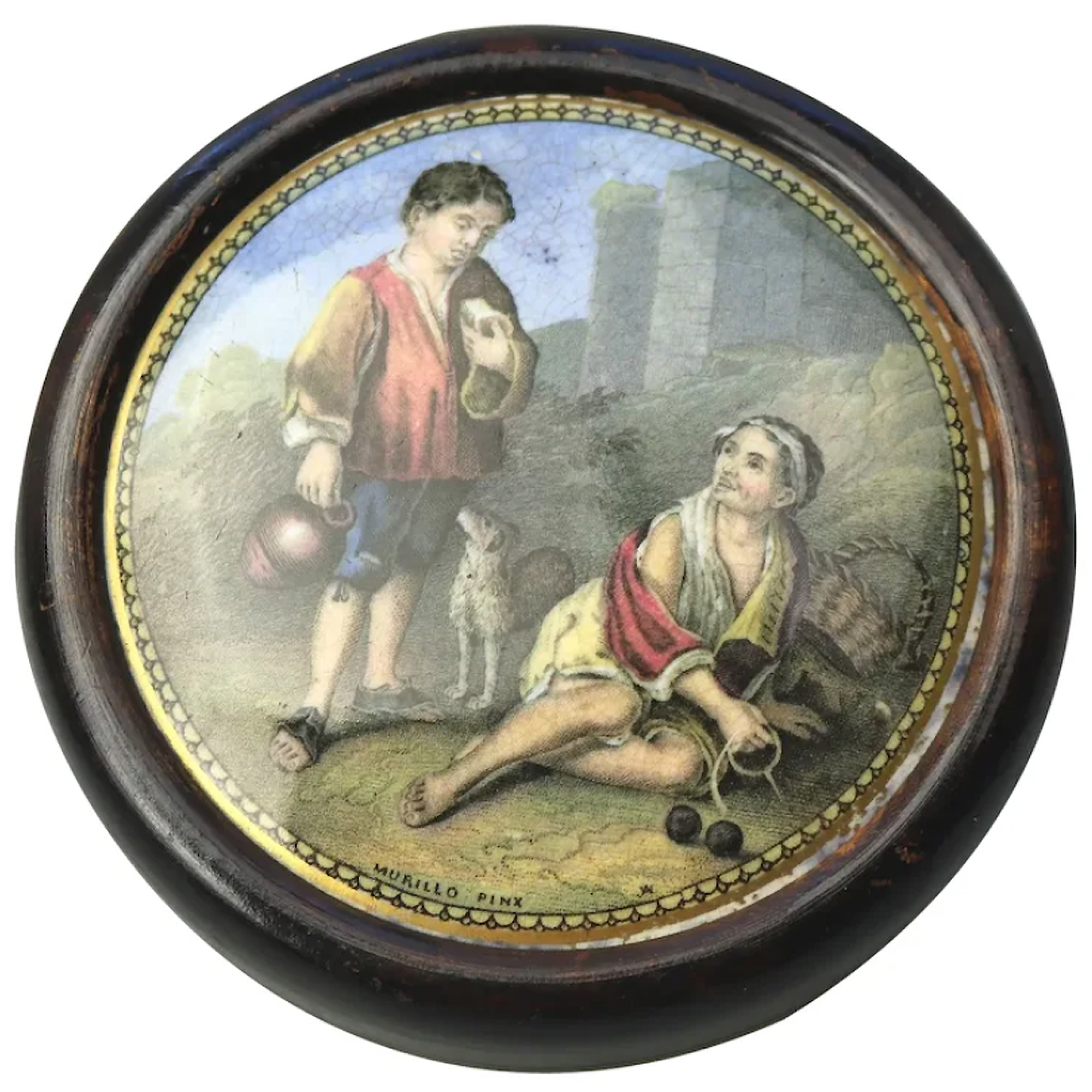 An antique framed English Prattware pottery Pot Lid Peasant Boys C.19thC
