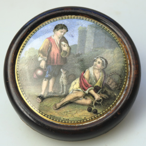An antique framed English Prattware pottery Pot Lid Peasant Boys C.19thC