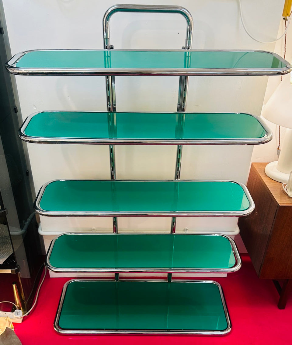 5 Shelf Chrome & Green Perspex Shelving Unit, 1970s