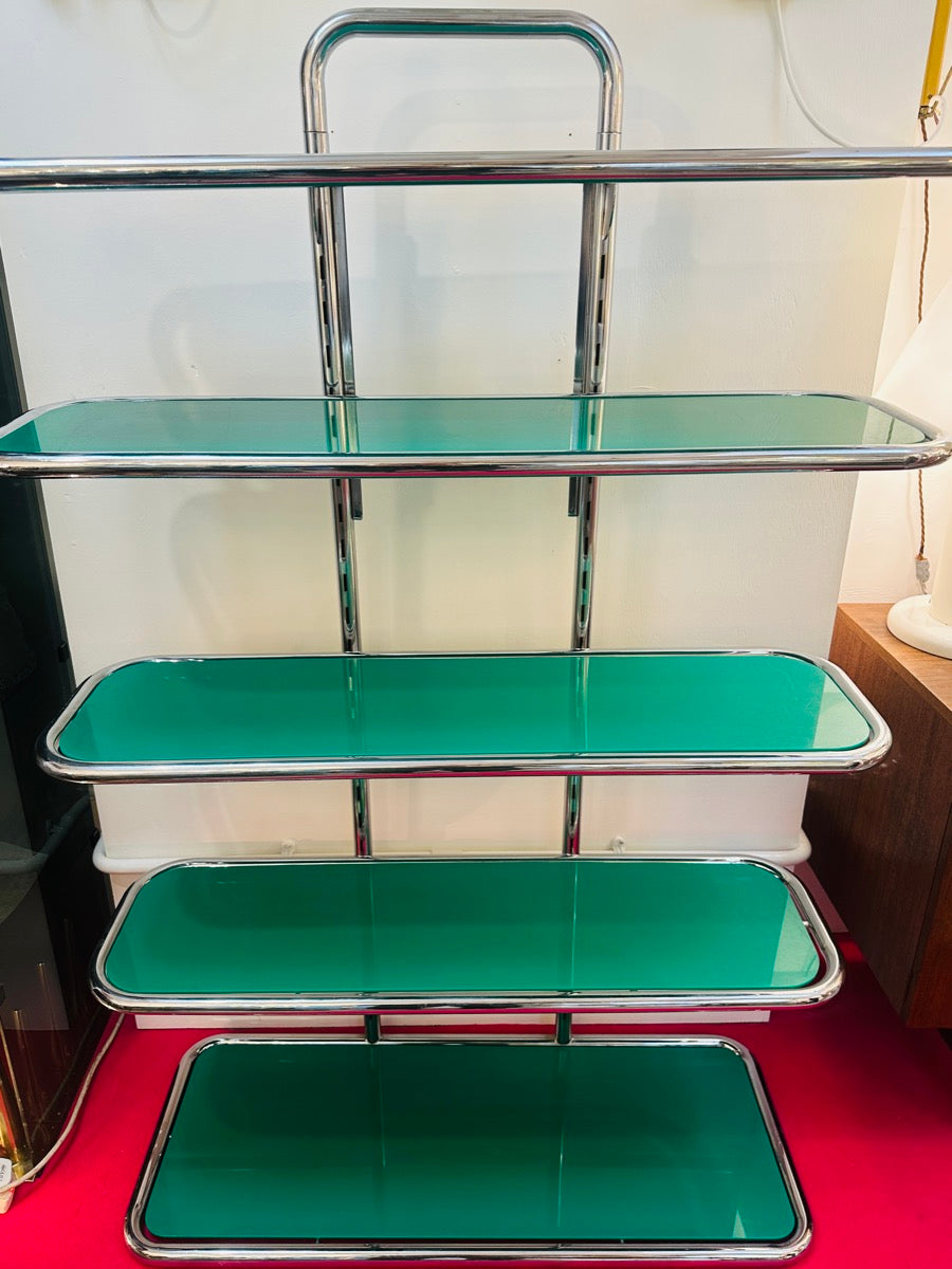 5 Shelf Chrome & Green Perspex Shelving Unit, 1970s