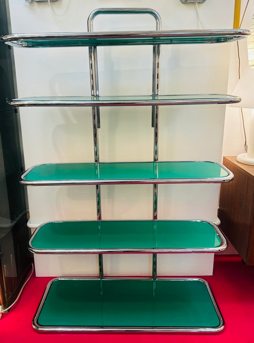 5 Shelf Chrome & Green Perspex Shelving Unit, 1970s