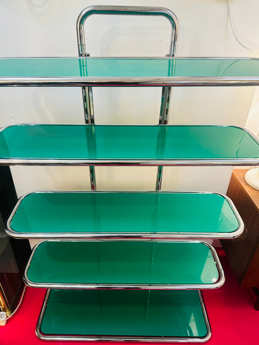 5 Shelf Chrome & Green Perspex Shelving Unit, 1970s