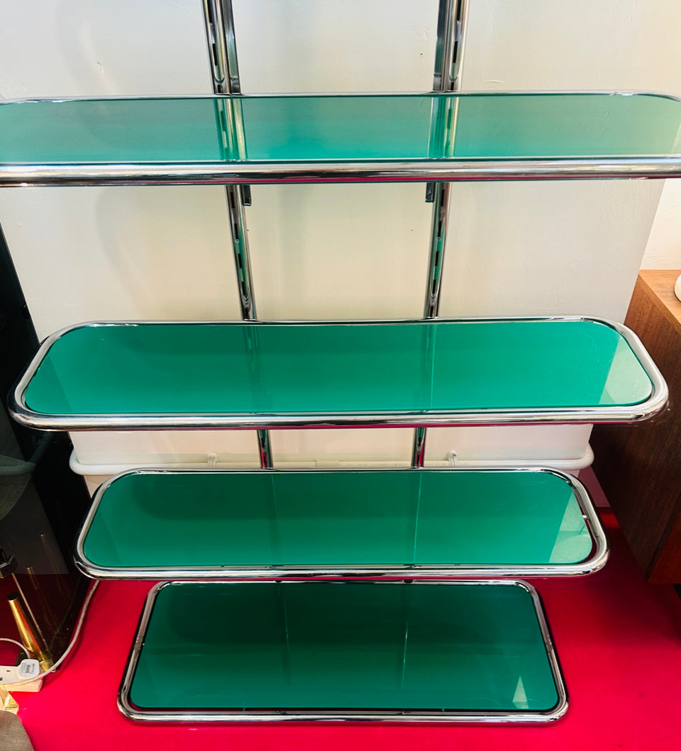 5 Shelf Chrome & Green Perspex Shelving Unit, 1970s