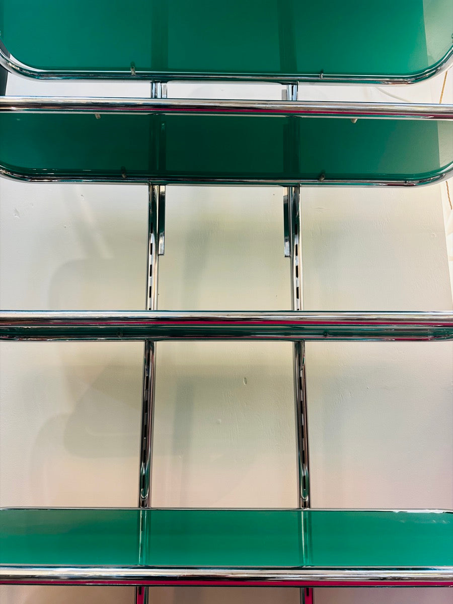 5 Shelf Chrome & Green Perspex Shelving Unit, 1970s