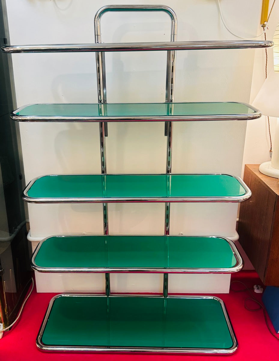 5 Shelf Chrome & Green Perspex Shelving Unit, 1970s