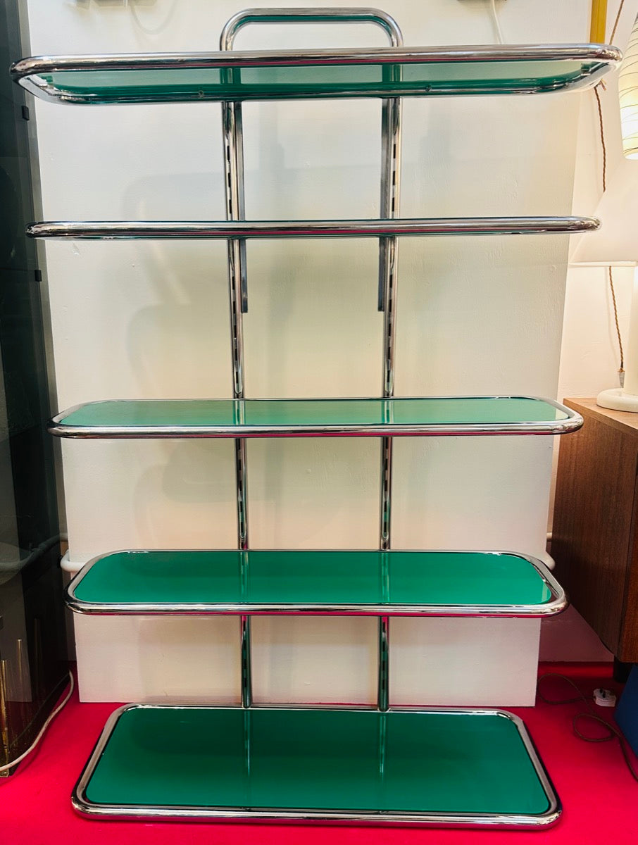 5 Shelf Chrome & Green Perspex Shelving Unit, 1970s