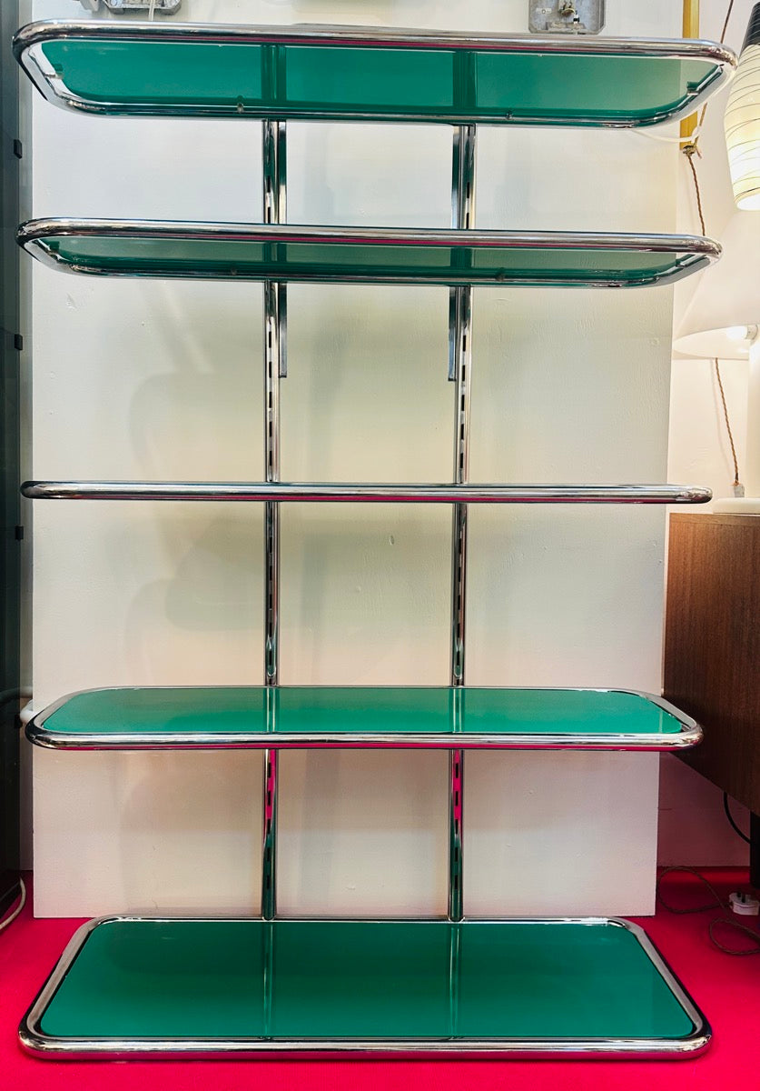 5 Shelf Chrome & Green Perspex Shelving Unit, 1970s