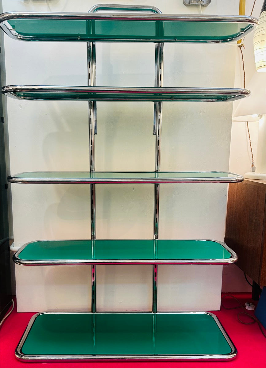 5 Shelf Chrome & Green Perspex Shelving Unit, 1970s