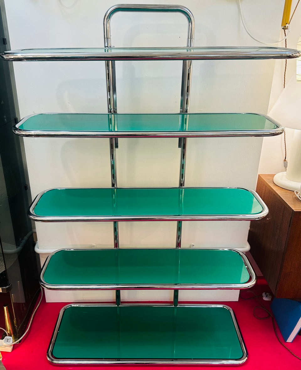 5 Shelf Chrome & Green Perspex Shelving Unit, 1970s